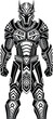 © IconicCreations - Stylized futuristic armored warrior character with symmetrical geometric tribal cybernetic design black and white illustration suitable for fantasy science fiction games posters and creative projects
