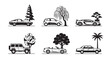 © MD - Black and white car and tree silhouette icons, creative automotive and nature vector collection for design projects