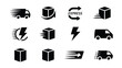 © Suranjana - Collection of fast delivery icons featuring trucks boxes and lightning bolts on white background