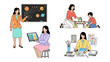 © Nusaybah - Woman in Educational Roles: A collage showcasing a woman in various educational settings, from teaching about the solar system to guiding a child in building, using technology.