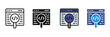 © Jakiya Graphics - Code search and web programming analysis icon set. Browser window with magnifying glass and coding script symbols for software development. Vector Illustration.