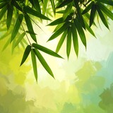 A serene scene of bamboo leaves against a vibrant green and yellow background