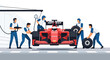 © Nofear - Formula 1 pit stop: racing team changing tires on a red car in a garage