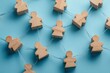 © Worrapol - Interconnected Collective: Wooden figures linked together, representing community, network, and human connections, over blue background.