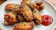 © Elif - Delicious Chicken Wings with Sesame Seeds and Ketchup on Plate