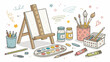 © fatima zainab - Hand drawn art studio items set including easel paints brushes pencils and canvas on white background with colorful doodles