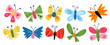 © Peviotadesign - Colorful doodle butterfly set. Naive kids style with bold geometric shapes. Hand drawn insects collection. Flat vector illustration isolated on white background