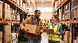 © Vasiliy - Diverse warehouse workers talking and holding a box and clipboard. Smiling male and female logistics employees in a distribution center. Teamwork and inventory management concept