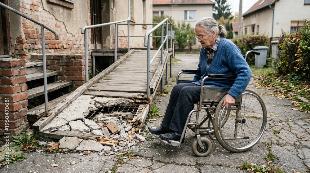 Working Broken Ramp Foto Senior woman in wheelchair facing broken ramp at home. Elderly ...