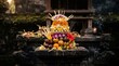 © Nexora Visual - Captivating Balinese offering, a majestic tower of vibrant tropical fruits and delicate blossoms, presented with profound reverence during a traditional Hindu ceremony in Bali