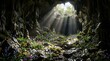 © Iqra - Magical sunbeams illuminate a hidden cave filled with vibrant wildflowers and lush greenery, hinting at discovery and wonder.