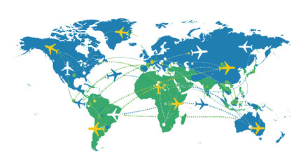  World Map with Airplanes and Dotted Travel Routes Illustrating Global Logistics on Isolated White Background