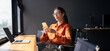 © Stock 4 You - Young Indian business woman manager ceo using cell phone mobile app laptop. Latin Hispanic mature female businesswoman holding smartphone in office trading, working online. Web banner, copy space