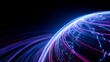 © Andrey - Glowing blue and purple digital earth globe with networking light trails and data lines representing global telecommunications