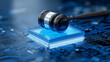 © Nataliya - Digital gavel hovering above a glowing block on a futuristic circuit board, legal technology and digital governance concept, with copy space