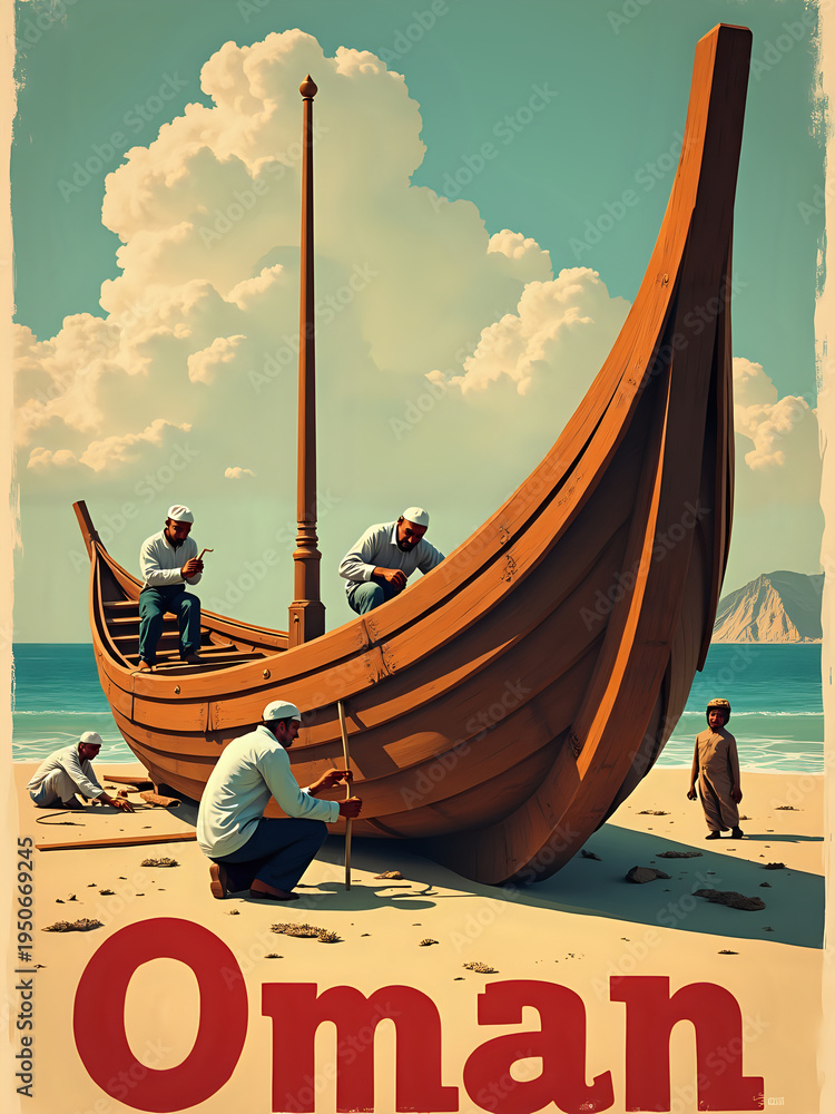 Workers are building a wooden boat on the warm sand by the beach in Oman. They focus on their tasks under a blue sky with fluffy clouds. Nearby, palm trees add to the scene.