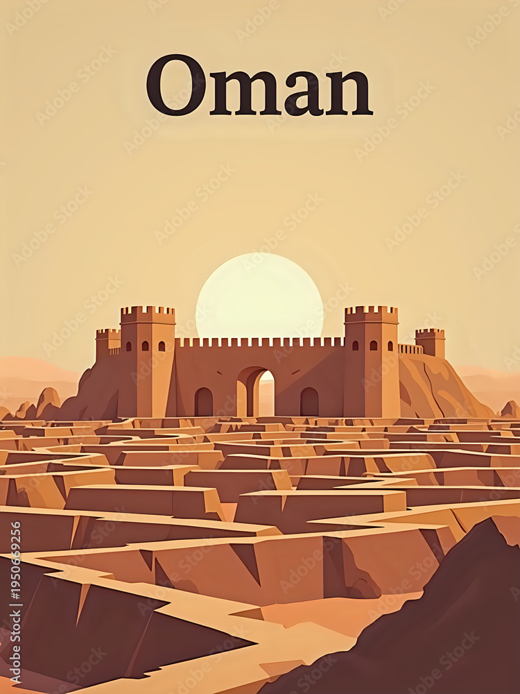 A castle stands tall in the desert as the sun sets behind it. The landscape shows rocky terrain and ancient structures. This scene captures the essence of Omans rich history and culture.