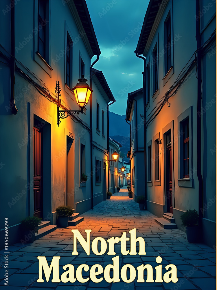 A narrow street in North Macedonia during the evening. Warm street lights illuminate the path, creating a cozy atmosphere. Empty buildings line both sides of the street.