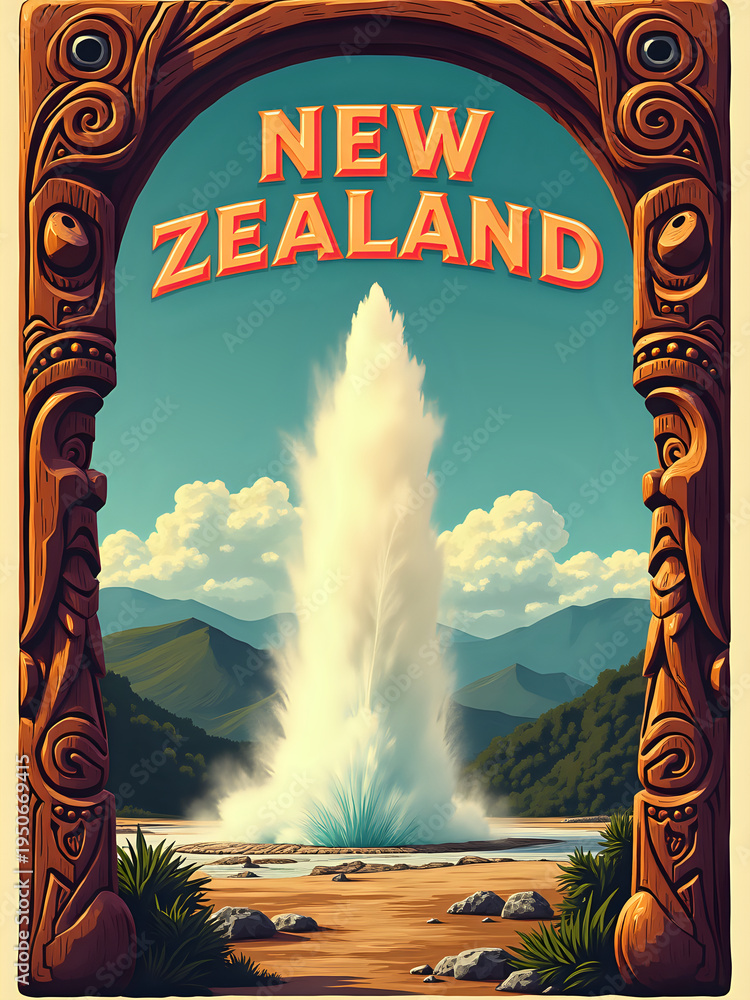 A large geyser erupts in New Zealands landscape, sending water high into the air. Surrounding mountains and clouds add to the scene, showcasing natural wonders in the country.