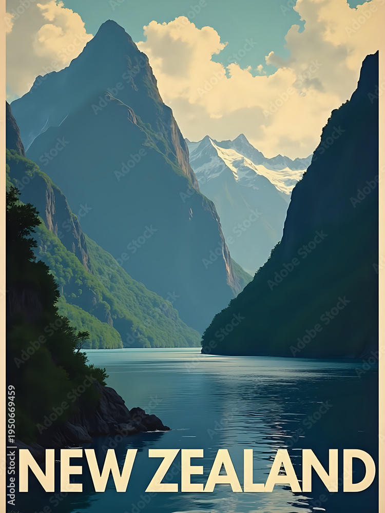 Mountains with snow on top rise above a river. Green hills line the banks. The scene shows the beauty of New Zealands nature. Clouds fill the sky above the landscape.