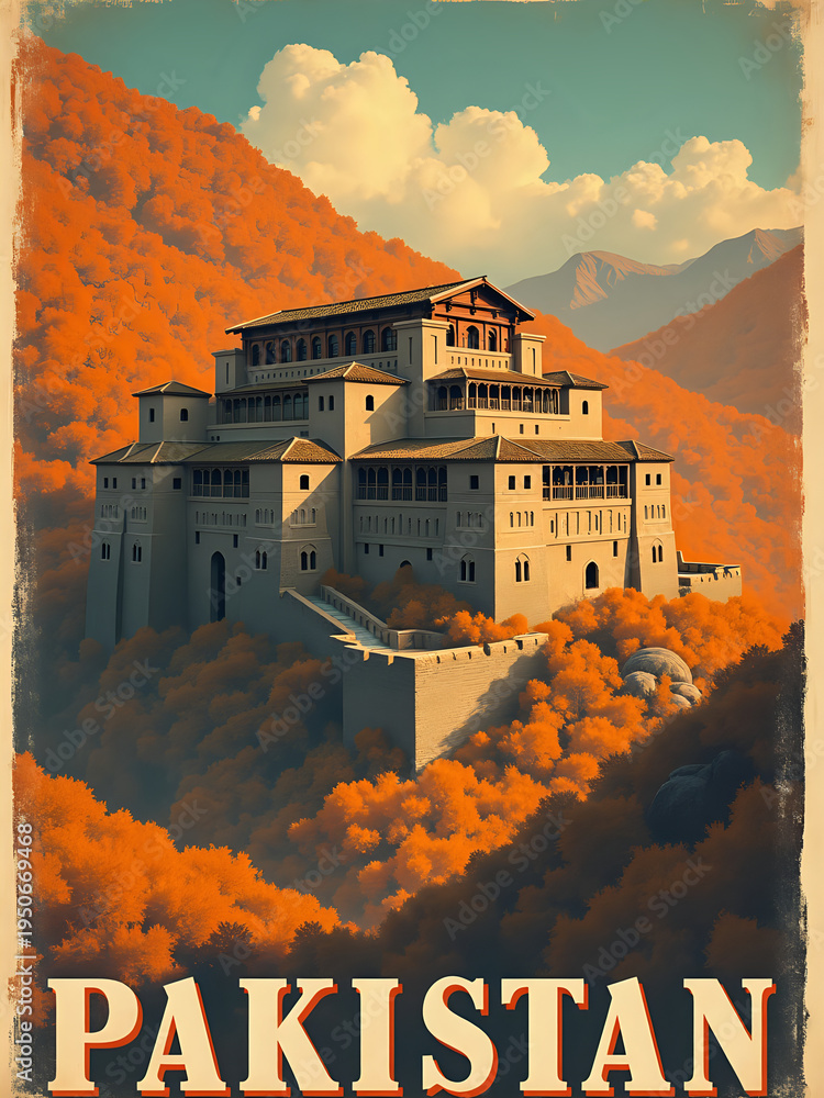 A large building stands on a mountain in Pakistan. The structure features many rooms and is surrounded by bright orange trees and blue sky. Mountains rise in the background.