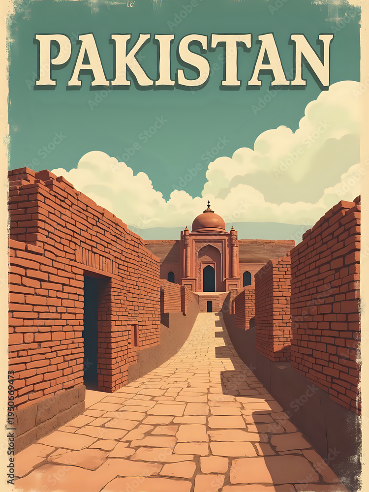 A pathway stretches through brick structures in Pakistan. In the distance, a dome structure stands tall. Clouds fill the sky above, creating a historic atmosphere.