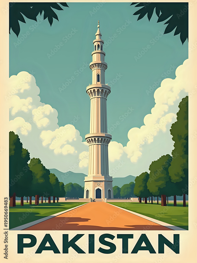 A tall tower stands in the foreground. Green trees line the path leading to the tower. The sky is blue with clouds. The scene shows a notable location in Pakistan.