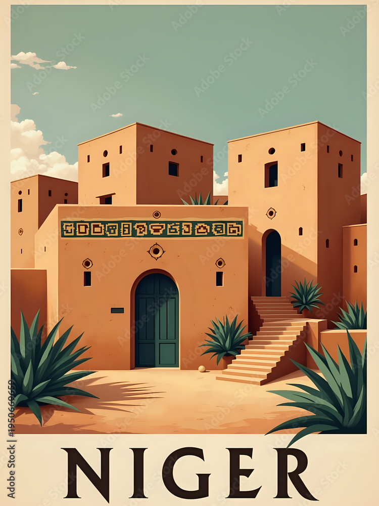 The scene shows traditional buildings in Niger made of earthen material. The structures have doorways and windows. There are plants nearby, and the sun shines above. The sky is light blue with clouds.