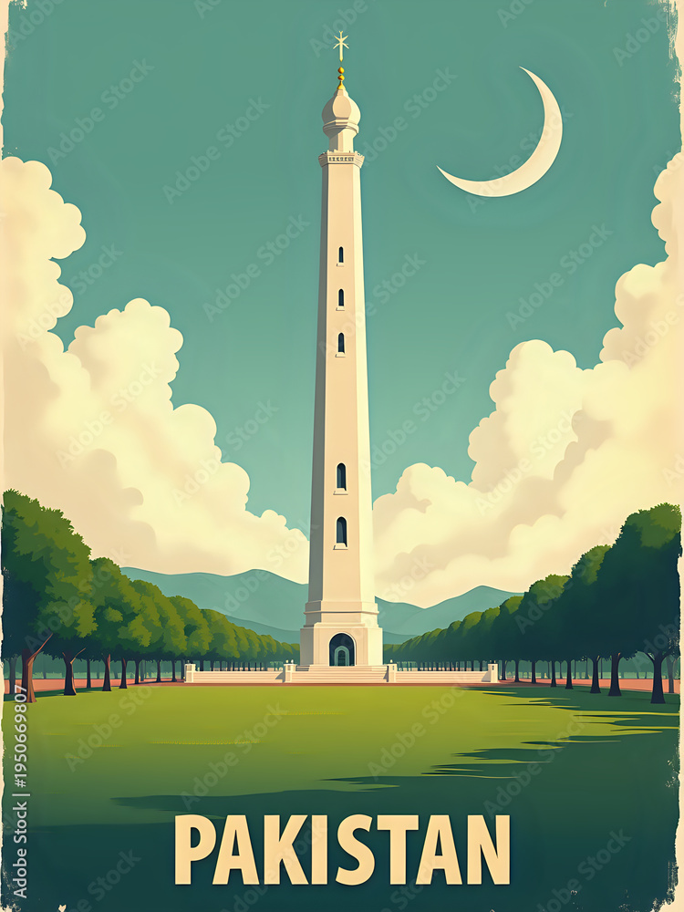 A tall tower rises in the middle of a large green park. The sky is blue with clouds and a crescent moon. Trees surround the area, and mountains are visible in the background.