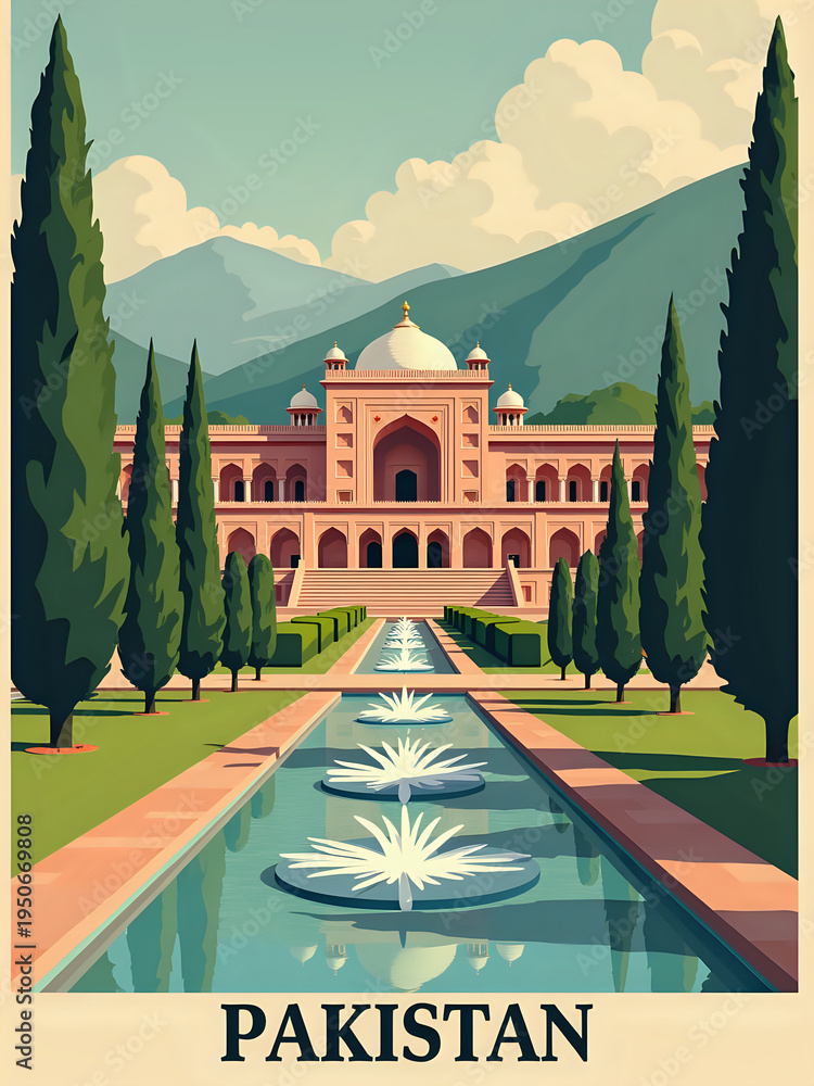 A grand building stands surrounded by tall trees and neatly trimmed hedges. Water features flow through the garden, leading towards the entrance. Mountains rise in the background under a bright sky.