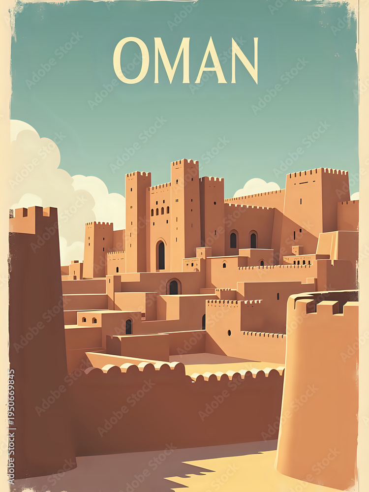 The scene shows traditional buildings in Oman, featuring high walls and towers. Cloudy sky adorns the background. The layout hints at a rich history and cultural significance in the area.