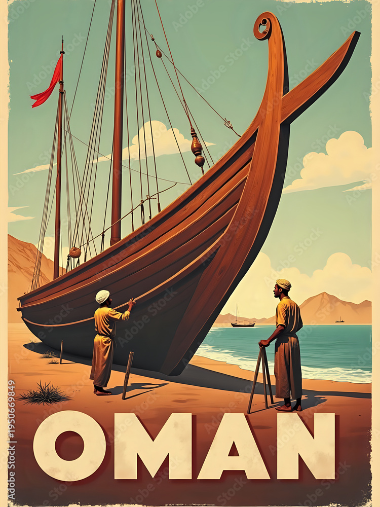 Two builders work on a large wooden boat on the beach in Oman. The sun is shining, and the sea is calm. The mountains are visible in the background, with small boats nearby.