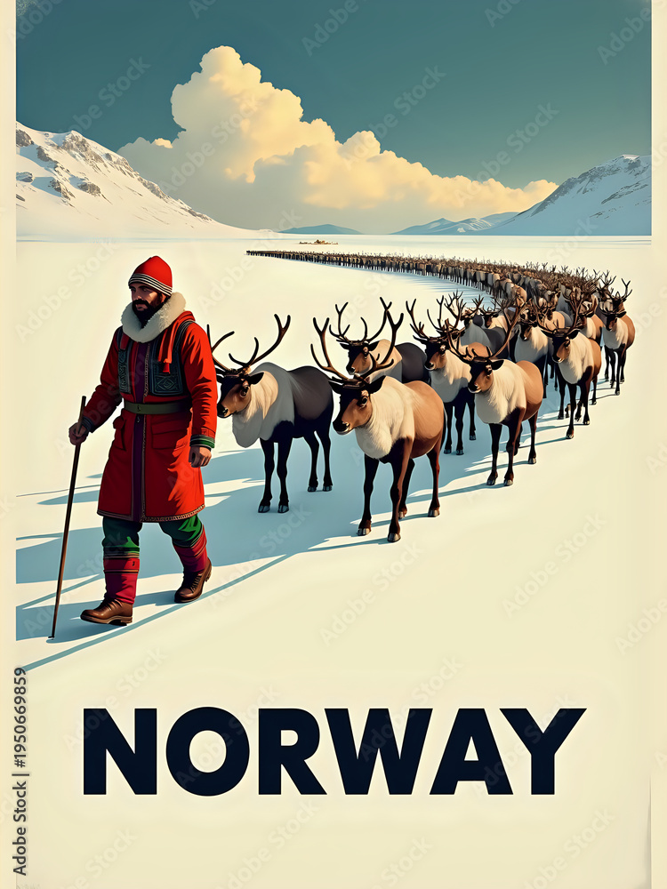 A person in traditional clothing walks in front of a long line of reindeer on a snowy field in Norway. Mountains rise in the background under a blue sky with some clouds.
