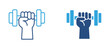 © Habiba Anika - Dumbbell workout icon set. Hand lifting barbell weight, strength training, gym fitness and bodybuilding exercise concept. Vector illustration.