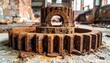 © Rianstudio - A heavily pitted and corroded cast iron gear wheel resting on a coarse concrete surface, capturing the stark beauty of industrial decay within an abandoned factory building.