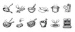 © Liliia - Twelve hand-drawn cooking process icons illustrating culinary steps like frying, chopping, whisking, baking, and boiling in a detailed black and white vintage sketch style illustration set