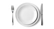 © MSTSAHERA - Table setting with white plate, fork, and knife on white background - minimalist meal concept, food service, place setting