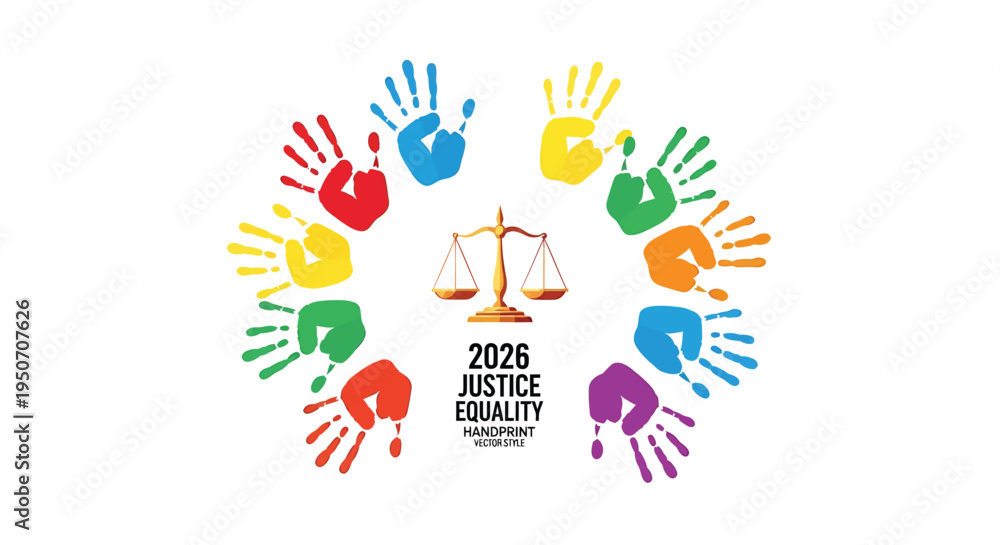 Vector illustration of rainbow hands around justice scales for equality ...