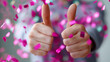 © Curioso.Photography - Person showing thumbs up gesture with colorful confetti background expressing celebration, approval and positive emotion