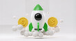 © Jeremias - Foguete 3D com Moedas Conceito de Crescimento Financeiro e Startup