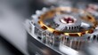 © kometa - Metallic watch gear macro closeup with gold silver mechanical cogwheels modern industrial design futuristic technology detail engineering precision concept
