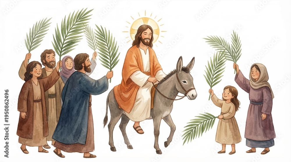 Jesus christ riding a donkey on palm sunday Stock Illustration | Adobe ...