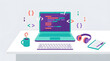 © Humdan AI - coding workspace vibe with colorful laptop screen, developer desk setup and modern office mood for creative software design illustration