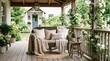 © SimpleLife Stock - Cozy wicker sofa on a charming porch adorned with blooming white roses and lush greenery