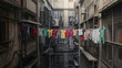 © bephoto - 細い生活路地に映える香港の子供服入り洗濯物と密集住宅の景観
