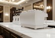 © Syafiq Rahman - Elegant white professional espresso machine gleaming on a polished marble countertop in a luxurious, softly lit, ornate coffee shop with sophisticated decor.