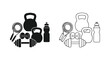 © msunny93 - Fitness equipment icons kettlebells dumbbells jump ropes and water bottles
