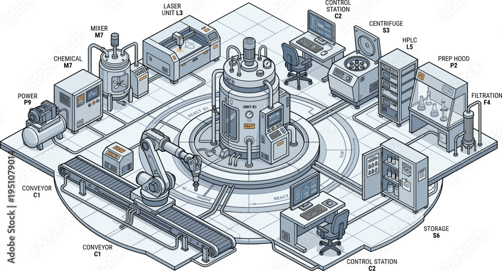 Isometric laboratory vector illustration with chemical reactor, robotic ...