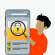© AlHanif - Smartphone email security concept with young man holding  magnifier to searching padlock on screen. Showing data protection, privacy, secure message scanning, and cybersecurity awareness.