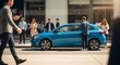 © Zaheer - people standing around a blue car on a city street
